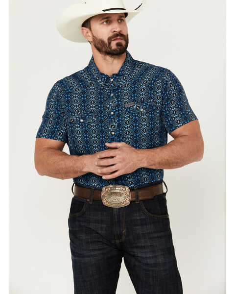 Panhandle Men's Southwestern Print Short Sleeve Pearl Snap Performance Western Shirt , Dark Blue, hi-res