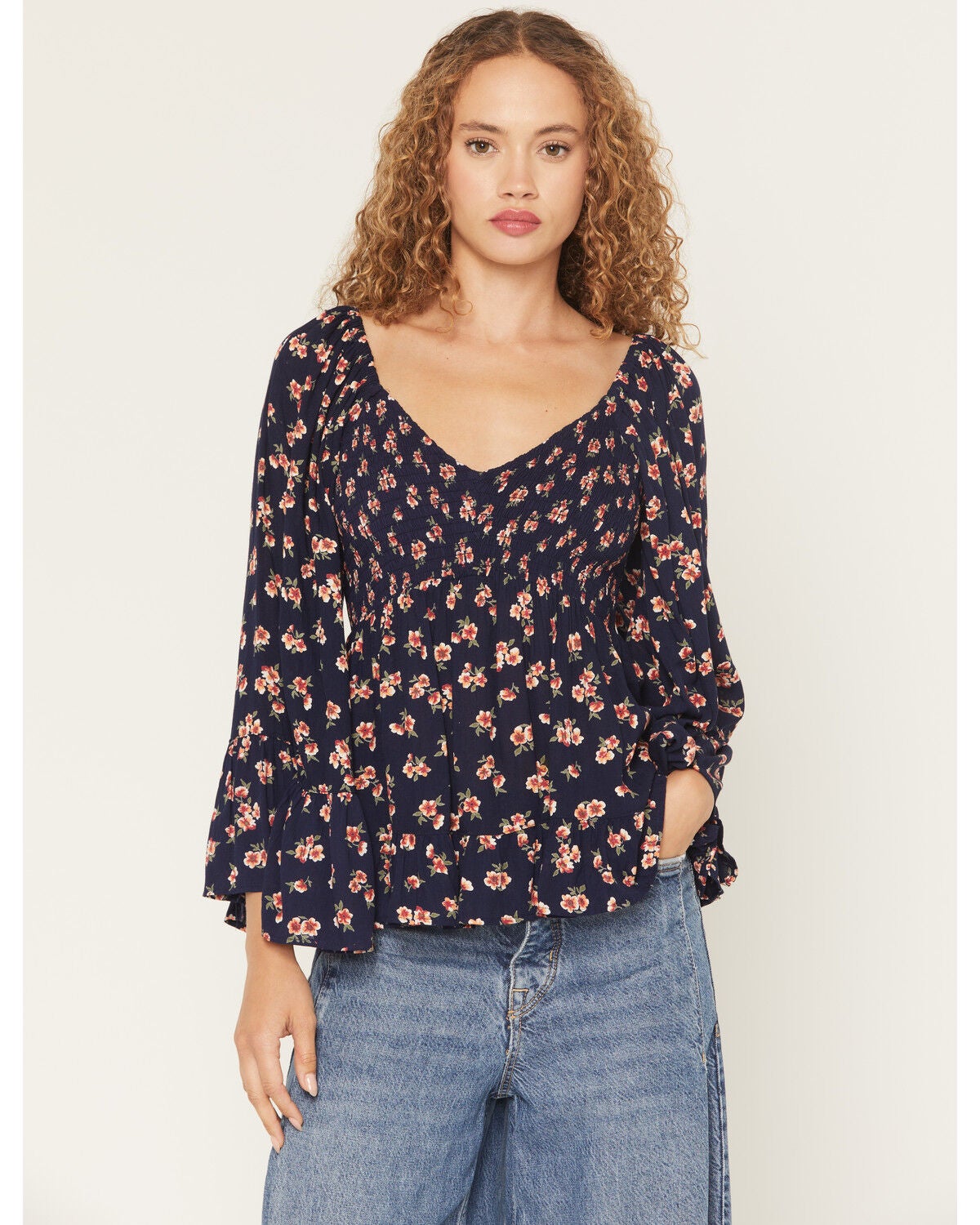 Image #1 - Angie Women's Floral Print Long Bell Sleeve Top, Navy, hi-res