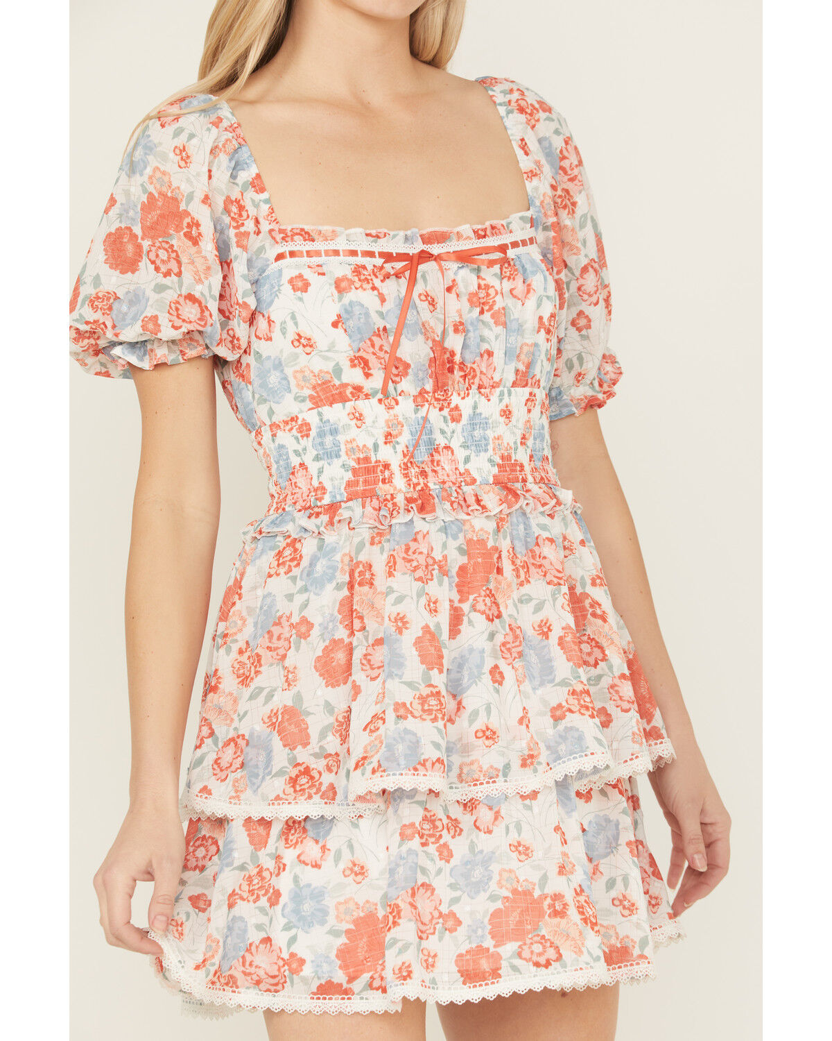 Image #3 - Ash & Violet Women's Floral Print Short Sleeve Lace Trim Mini Dress, Multi, hi-res