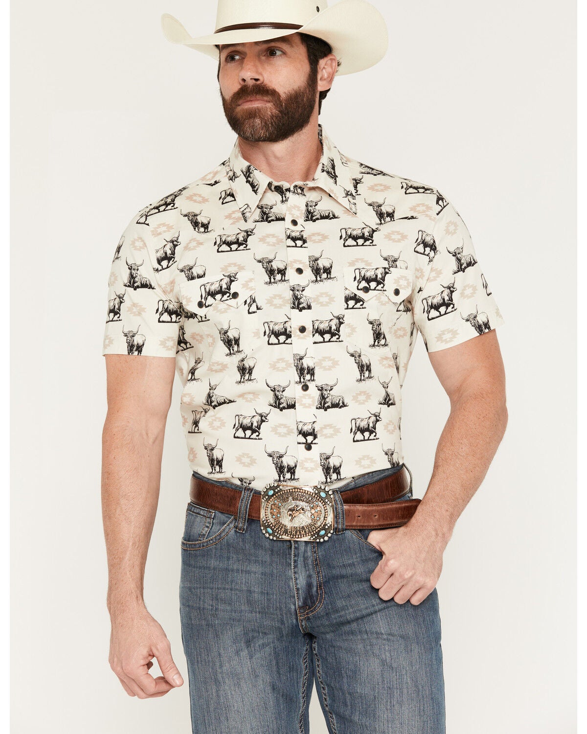 Image #1 - Rock & Roll Denim Men's Steer Print Short Sleeve Snap Stretch Western Shirt, Tan, hi-res