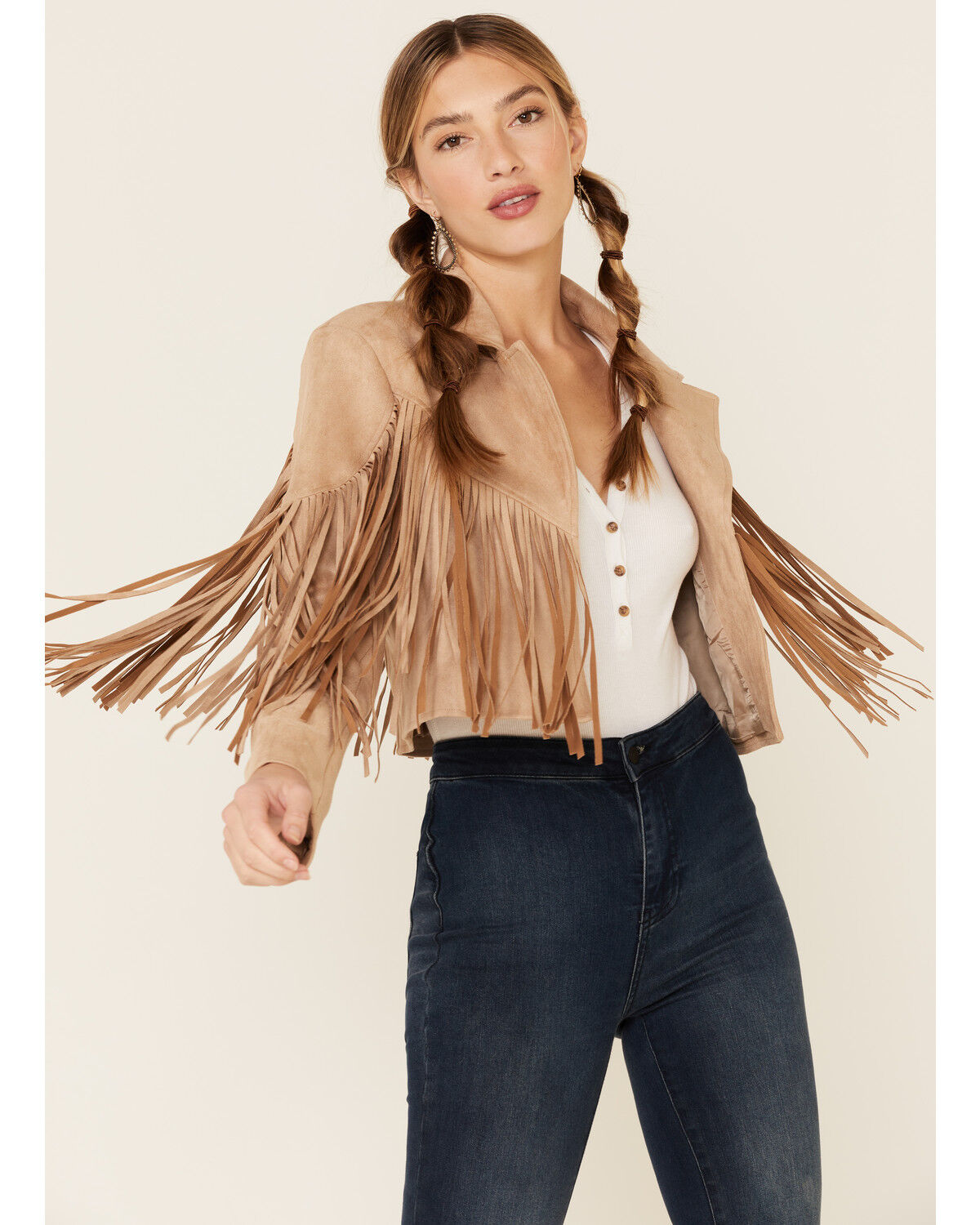 saints & hearts women's faux suede cropped fringe jacket