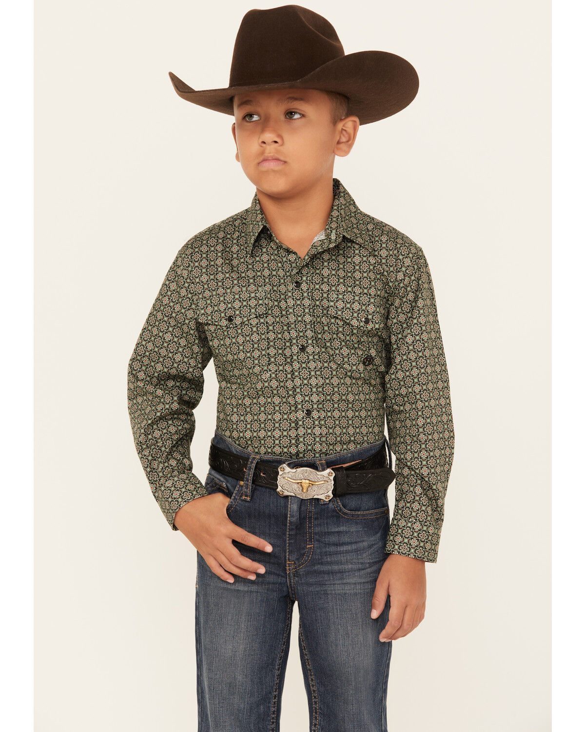 Image #1 - Roper Boys' Amarillo Ornate Geo Print Long Sleeve Snap Western Shirt, , hi-res