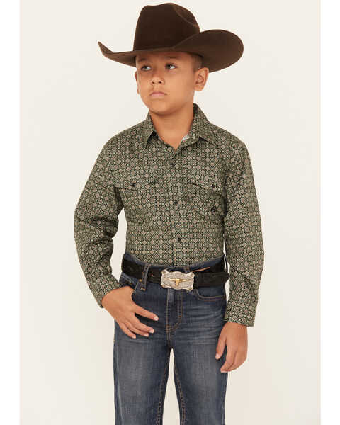 Image #1 - Roper Boys' Amarillo Ornate Geo Print Long Sleeve Snap Western Shirt, Green, hi-res
