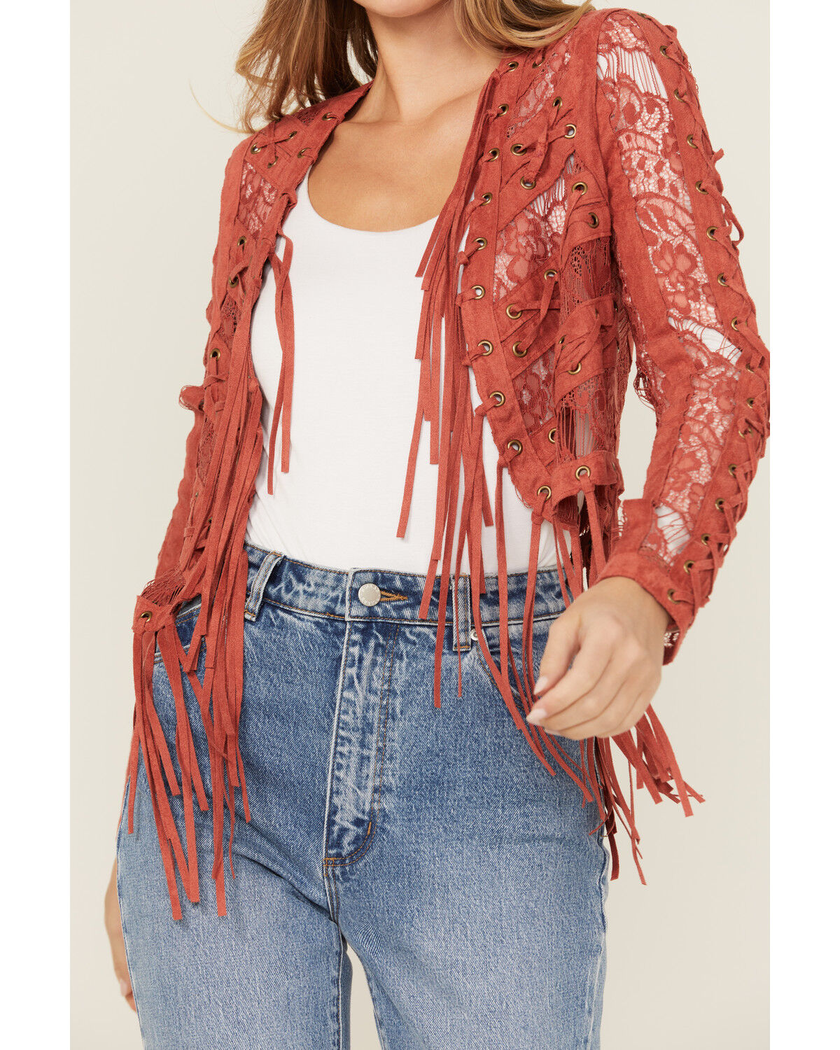 Image #3 - Vocal Women's Suede Tassel Jacket, Brick Red, hi-res