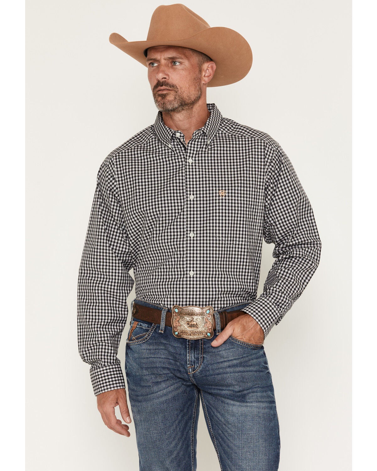 Ariat Men's Boot Barn Exclusive Pro Series Willis Checkered Plaid Print Long Sleeve Button-Down Western Shirt, Black, hi-res