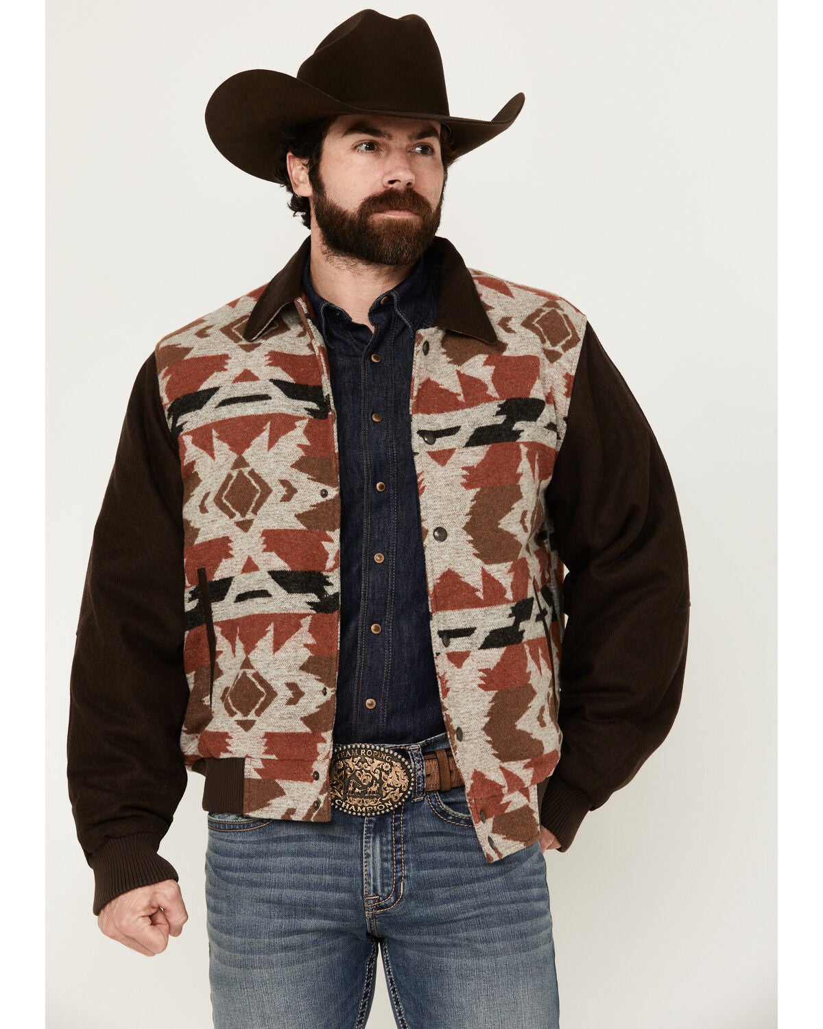 Cripple Creek Men's Brown Navajo Blanket Print Snap-Front Bomber Jacket, Brown, hi-res