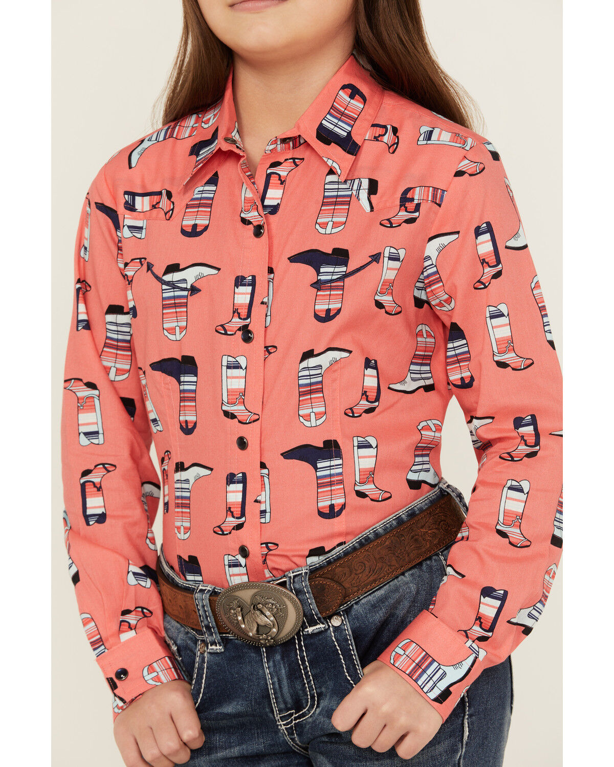 Image #3 - Cruel Girl Girls' Boot Print Long Sleeve Pearl Snap Western Shirt, Coral, hi-res