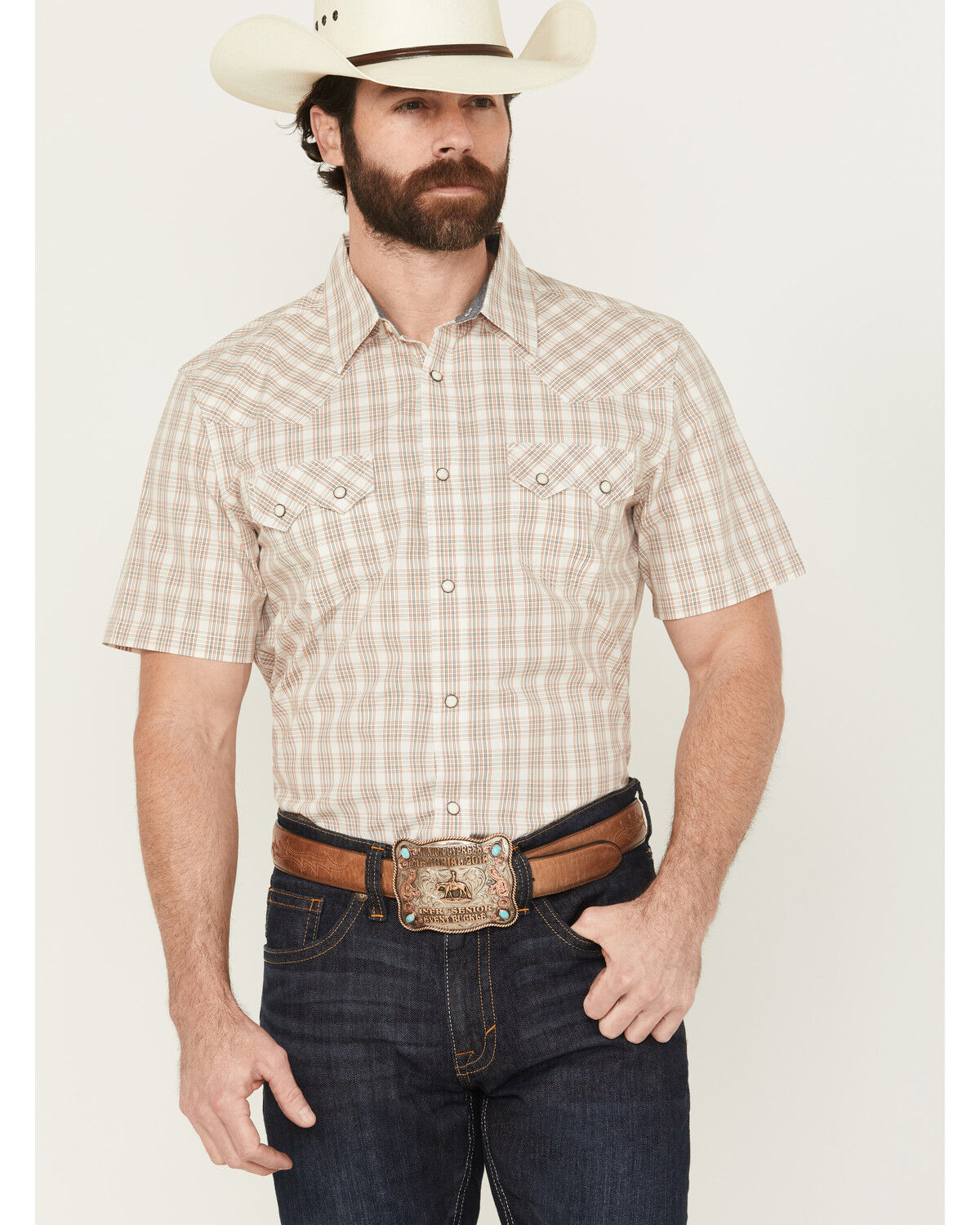 Image #1 - Cody James Men's Rangewear Plaid Print Short Sleeve Snap Western Shirt, Cream, hi-res