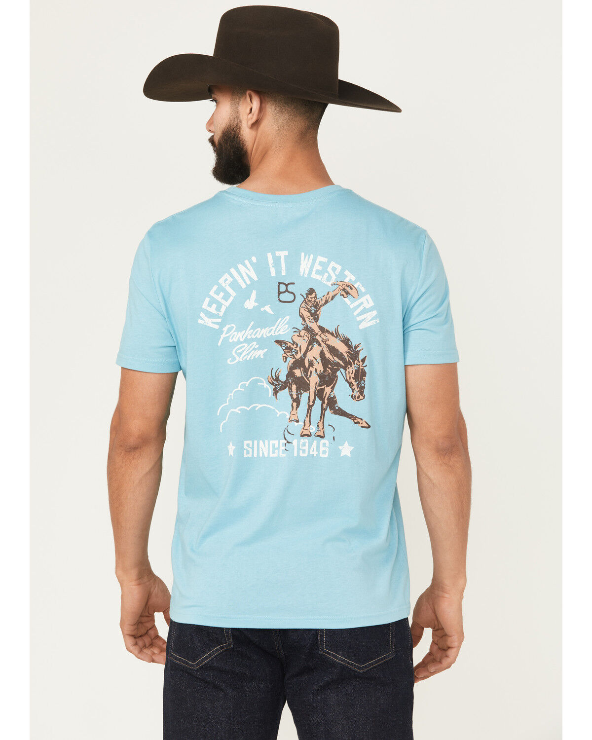 Image #1 - Panhandle Slim Men's Keepin' It Western Short Sleeve Graphic T-Shirt, Turquoise, hi-res