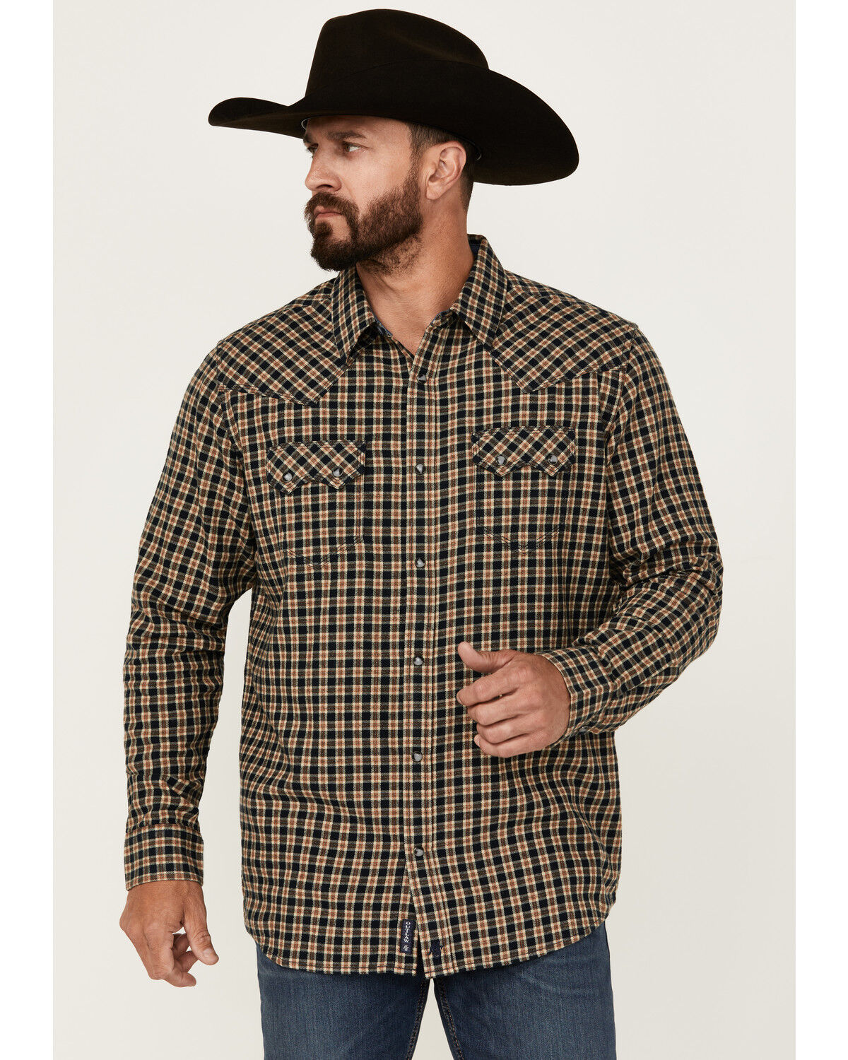 Image #1 - Moonshine Spirit Men's Bar Table Plaid Print Long Sleeve Snap Western Shirt, Navy, hi-res