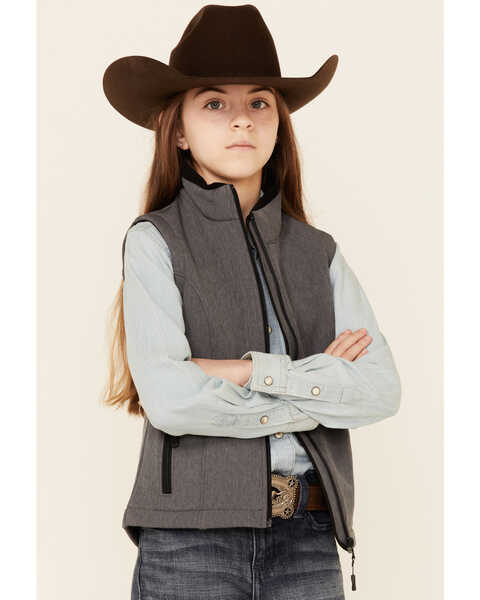 Roper Girls' Heather Grey Tech Fleece Zip-Front Softshell Vest, Grey, hi-res