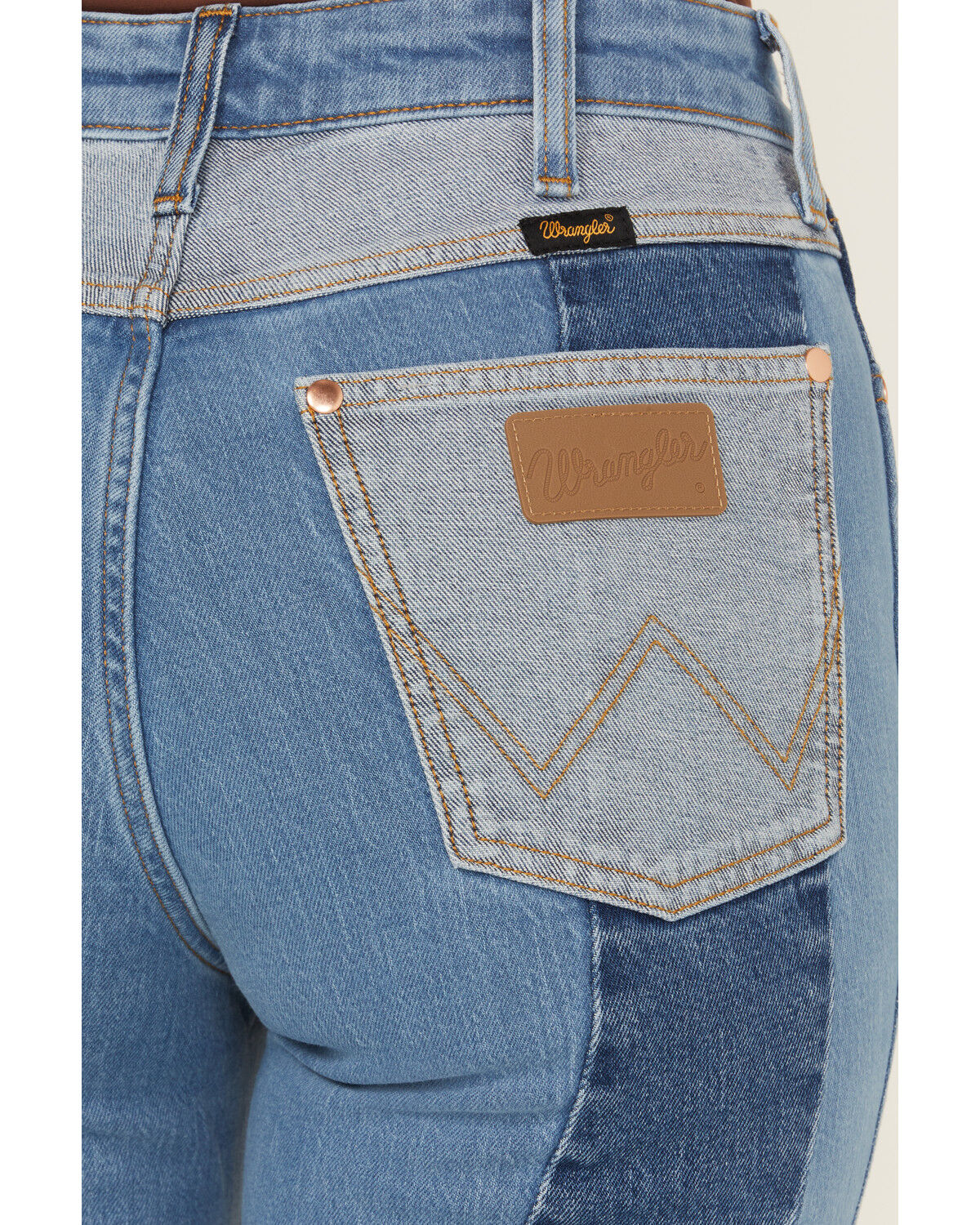 Image #5 - Wrangler X Lainey Wilson Women's High Rise Patchwork Flare Stretch Denim Jeans, Blue, hi-res