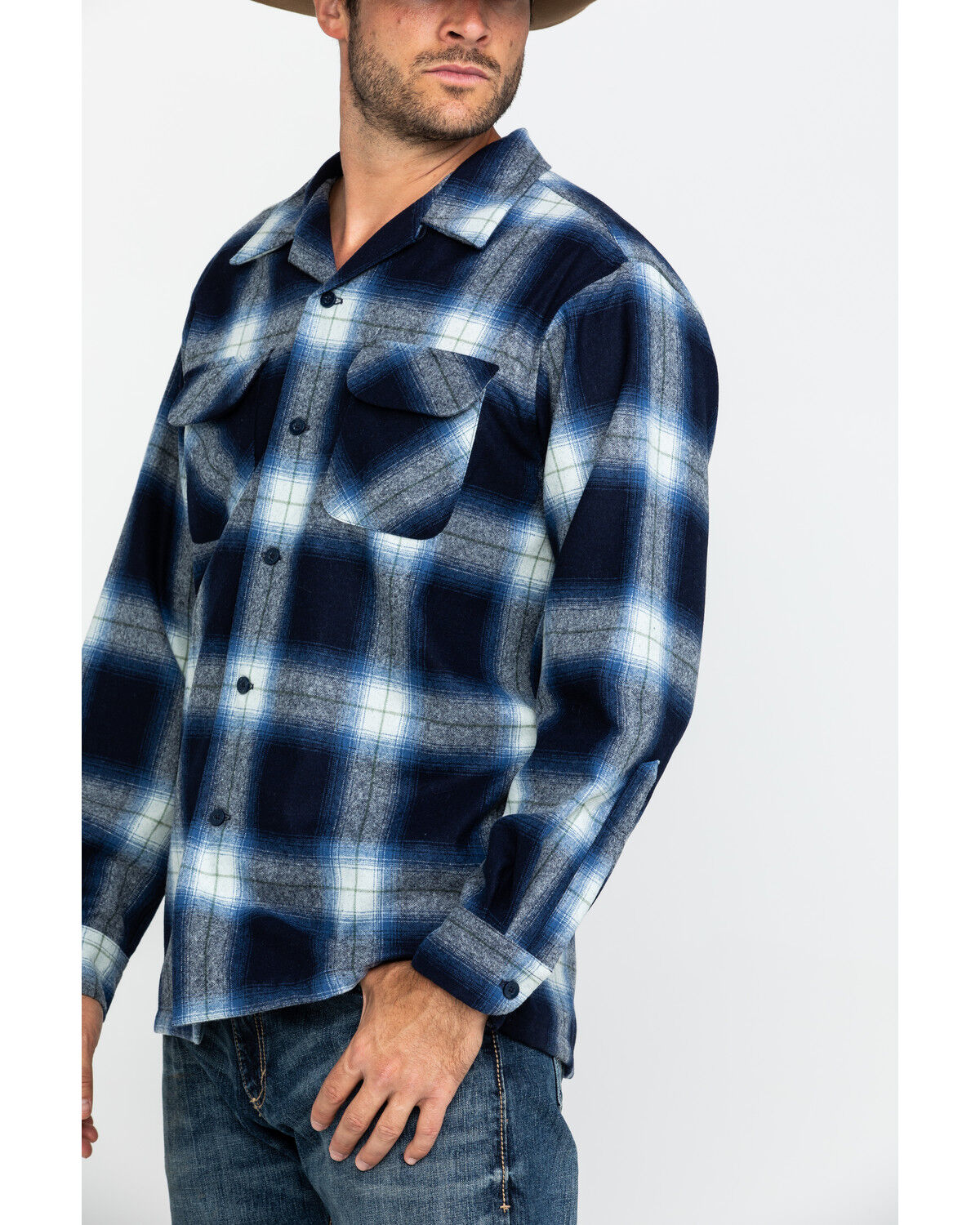 Image #5 - Pendleton Men's Navy Board Oxford Plaid Long Sleeve Western Shirt, Navy, hi-res