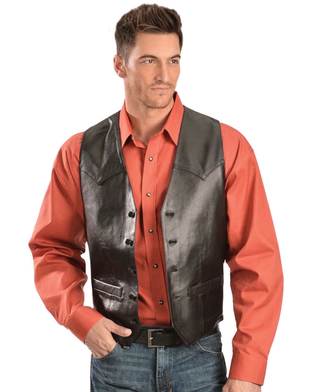 Image #1 - Scully Men's Lamb Leather Western Vest - Tall, Black, hi-res
