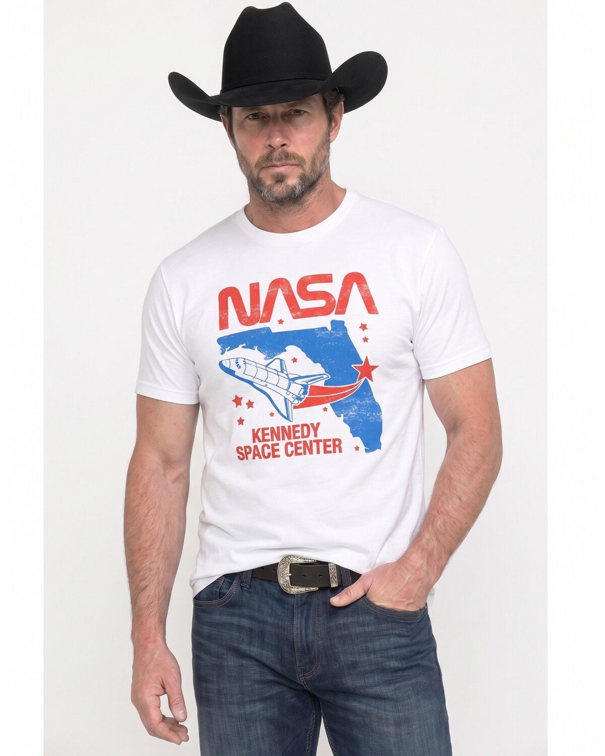 Americana Men's NASA Kennedy Shuttle Flight Short Sleeve Graphic T-Shirt, White, hi-res