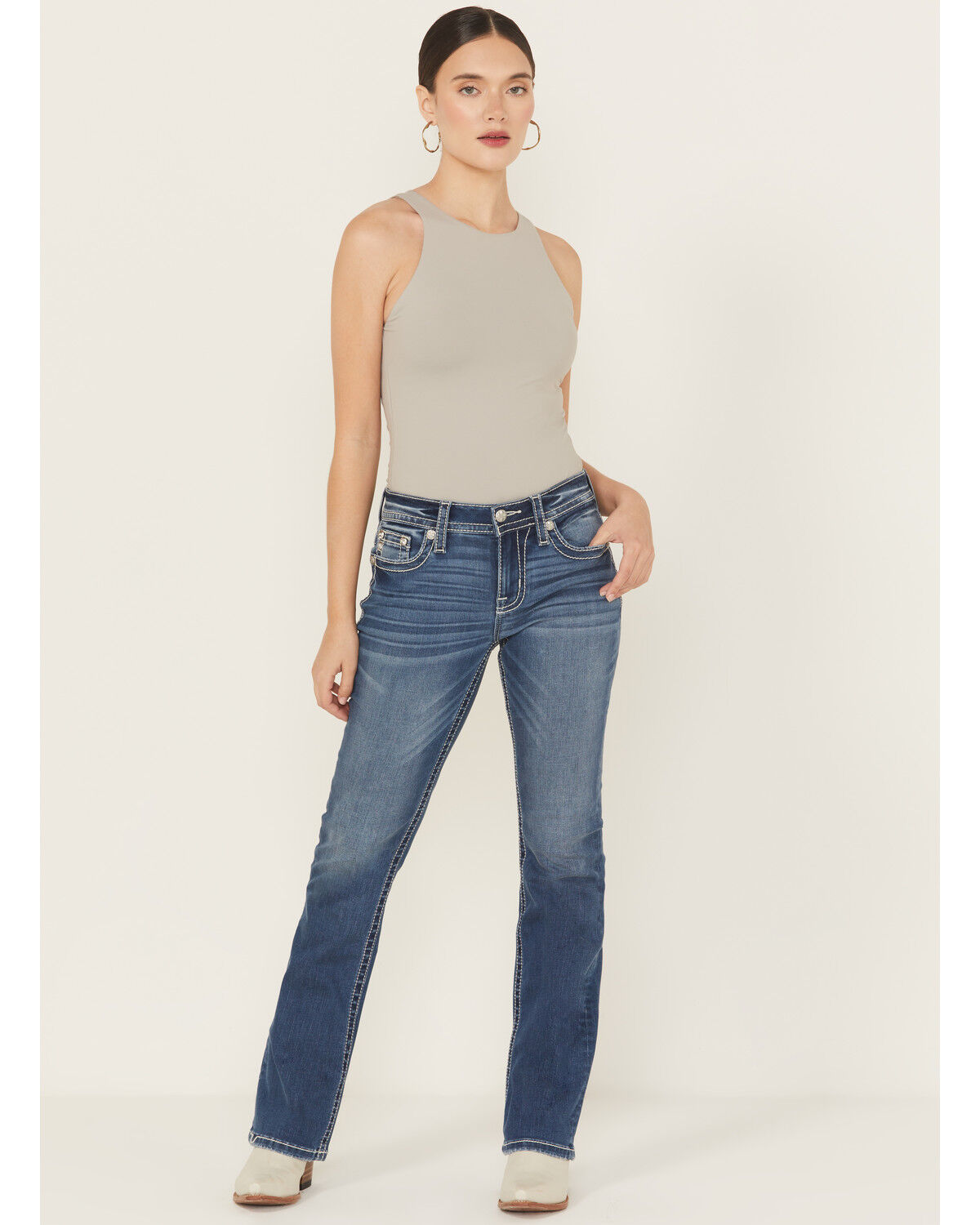 Image #3 - Miss Me Women's Medium Wash Mid Rise Fleur de Lis Pocket Bootcut Stretch Denim Jeans, Medium Wash, hi-res