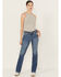 Image #3 - Miss Me Women's Medium Wash Mid Rise Fleur de Lis Pocket Bootcut Stretch Denim Jeans, Medium Wash, hi-res