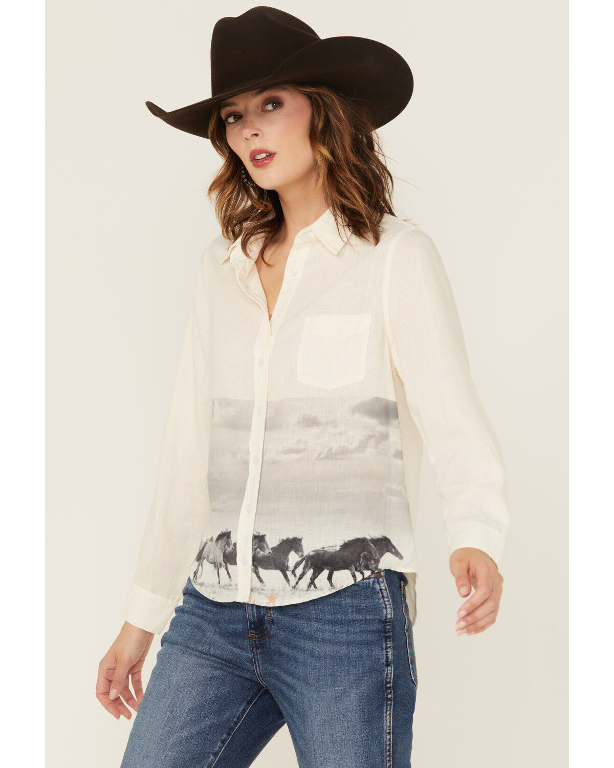 Image #1 - Blue B Women's Running Horses Long Sleeve Button-Down Western Shirt, Camel, hi-res