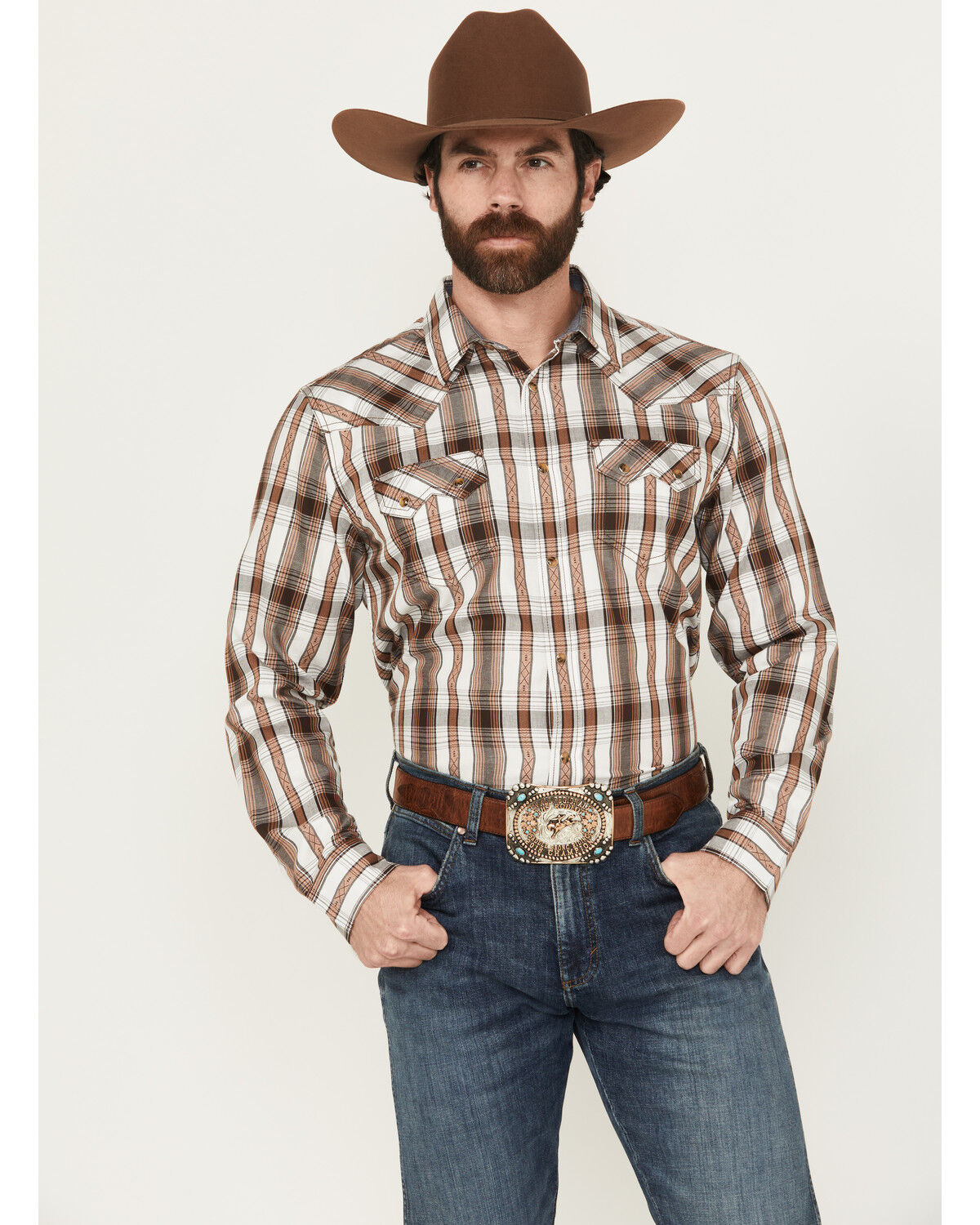 Image #1 - Cody James Men' Rodeo Plaid Print Long Sleeve Snap Western Shirt, Tan, hi-res