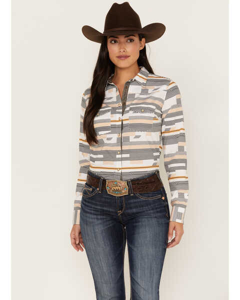 Image #1 - RANK 45® Women's Geo Stripe Print Long Sleeve Stretch Western Riding Shirt, Ivory, hi-res