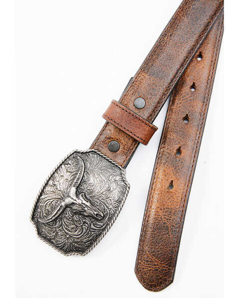Image #2 - Cody James Boys' Longhorn Scroll Buckle Belt, Brown, hi-res