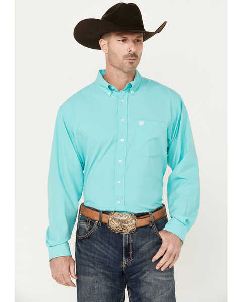 Cinch Men's ARENAFLEX Solid Long Sleeve Button-Down Western Shirt, Turquoise, hi-res