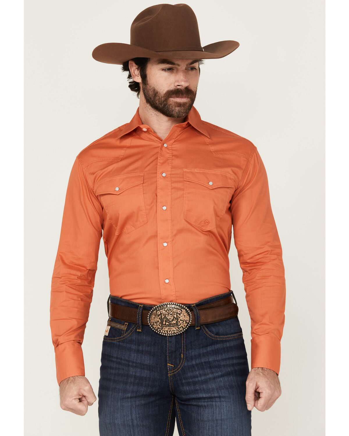 Image #1 - Roper Men's Basic Solid Long Sleeve Western Shirt, Orange, hi-res