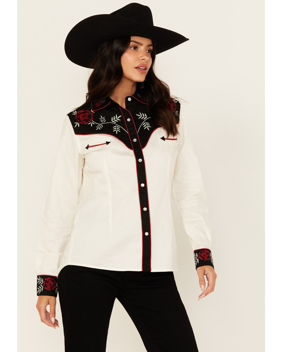Image #1 - Panhandle Women's Retro Floral Embroidered Long Sleeve Snap Western Shirt, Cream, hi-res