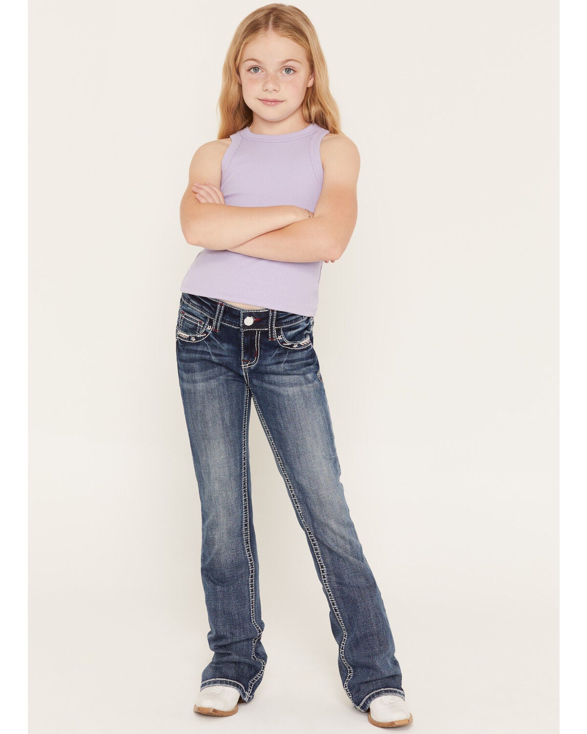Image #3 - Grace in LA Girls' Medium Wash Americana Star & Flag Bootcut Stretch Denim Jeans, Medium Wash, hi-res