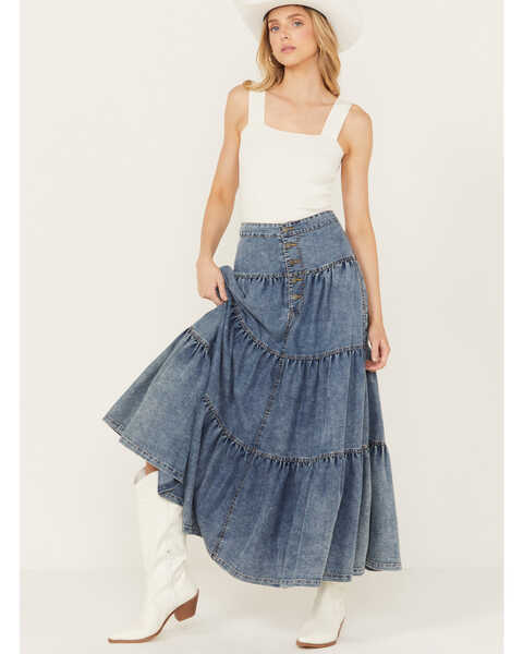 Revel Women's Medium Wash Denim Tiered Midi Skirt , Medium Wash, hi-res