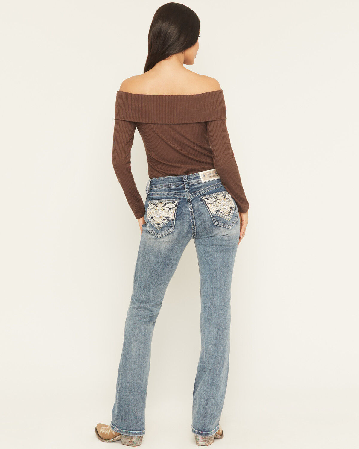 Image #1 - Grace In LA Women's Medium Wash Mid Rise Geo Embroidered Bootcut Stretch Denim Jeans, Medium Wash, hi-res