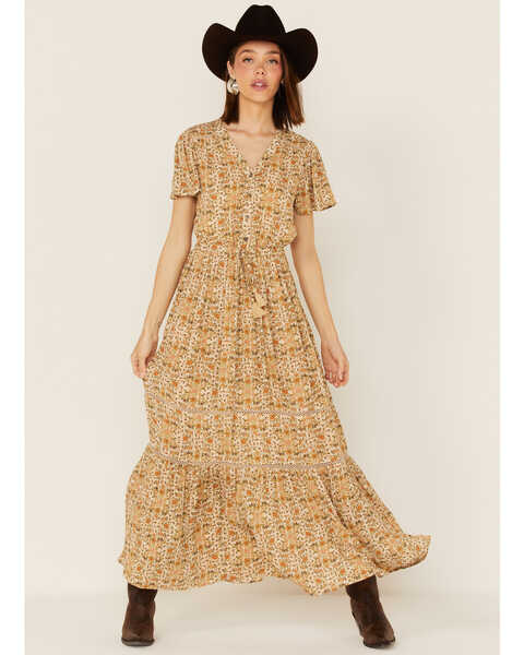 Cotton & Rye Women's Ditsy Floral Print Maxi Dress, Tan, hi-res