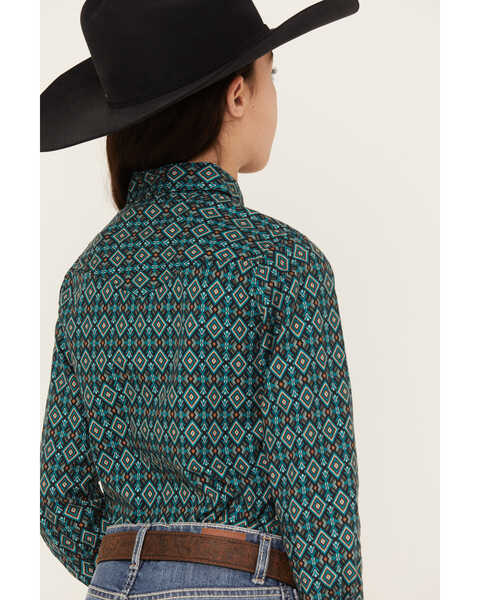 Image #4 - Roper Girls' Geo Print Long Sleeve Snap Western Shirt, Teal, hi-res