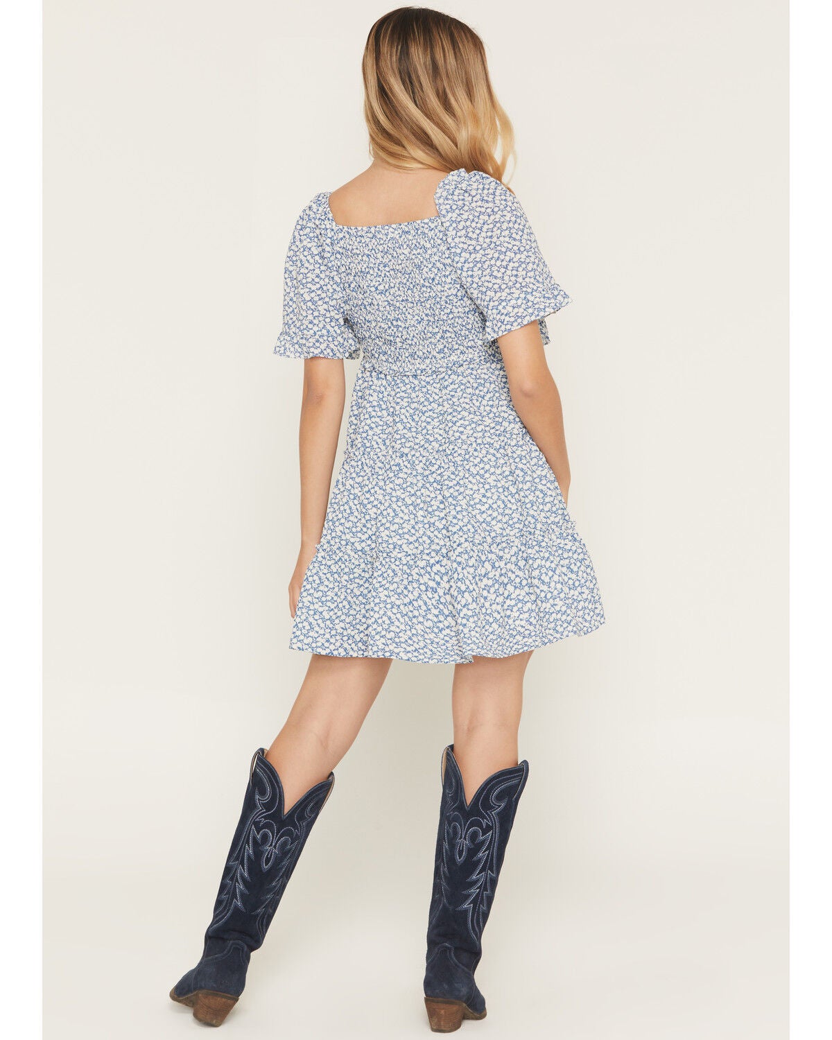 Image #4 - Yura Women's Boot Barn Exclusive Floral Print Smocked Front Tiered Mini Dress, Blue, hi-res