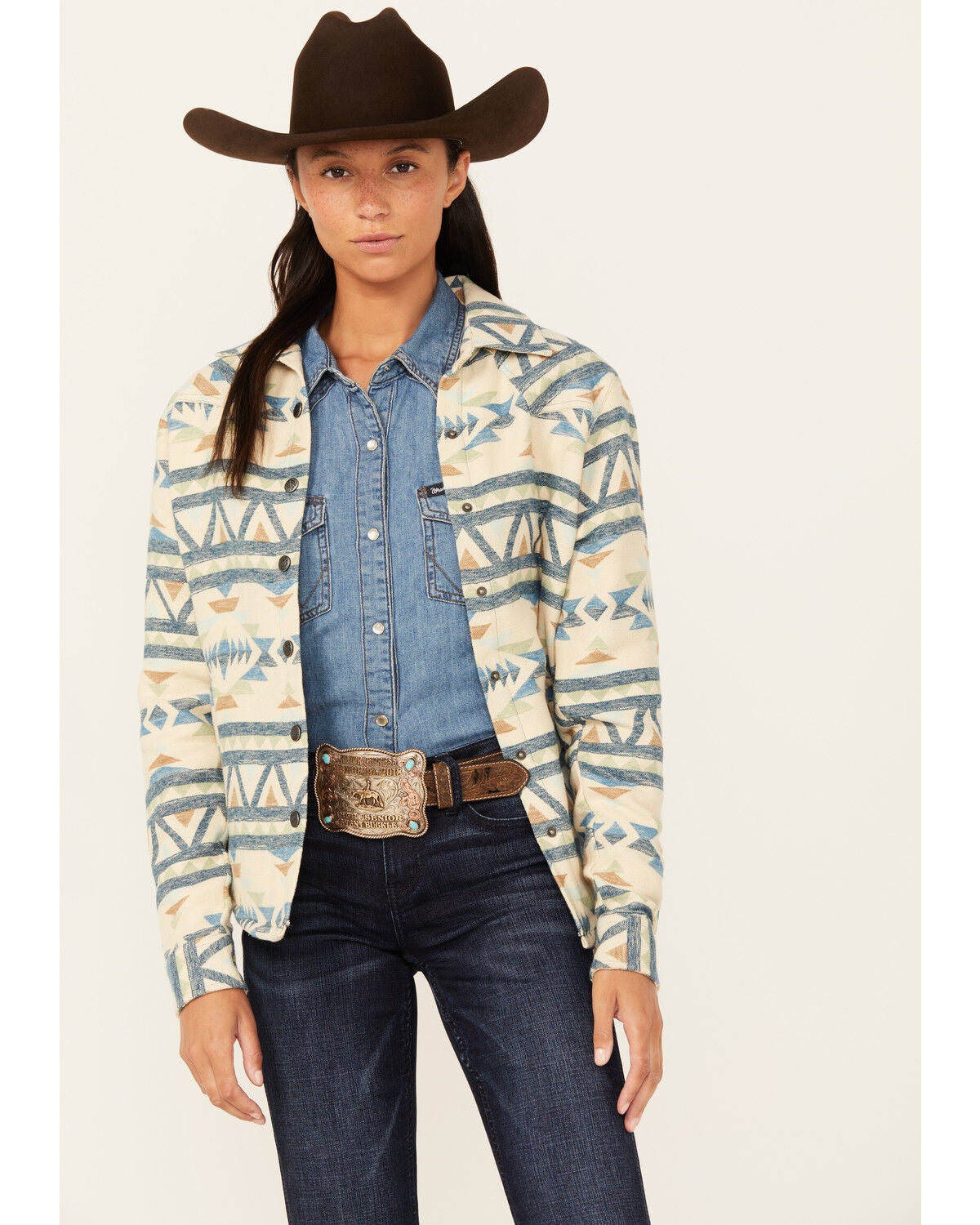 Outback Trading Co Women's Hazel Southwestern Print Long Sleeve Snap Western Shirt, Tan, hi-res