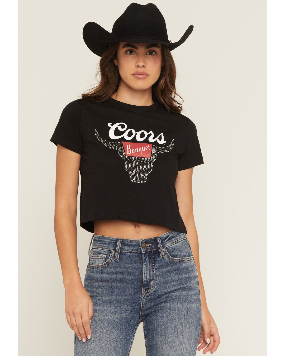 Coors Women's Logo Cattle Rhinestone Short Sleeve Cropped Graphic Tee, Black, hi-res