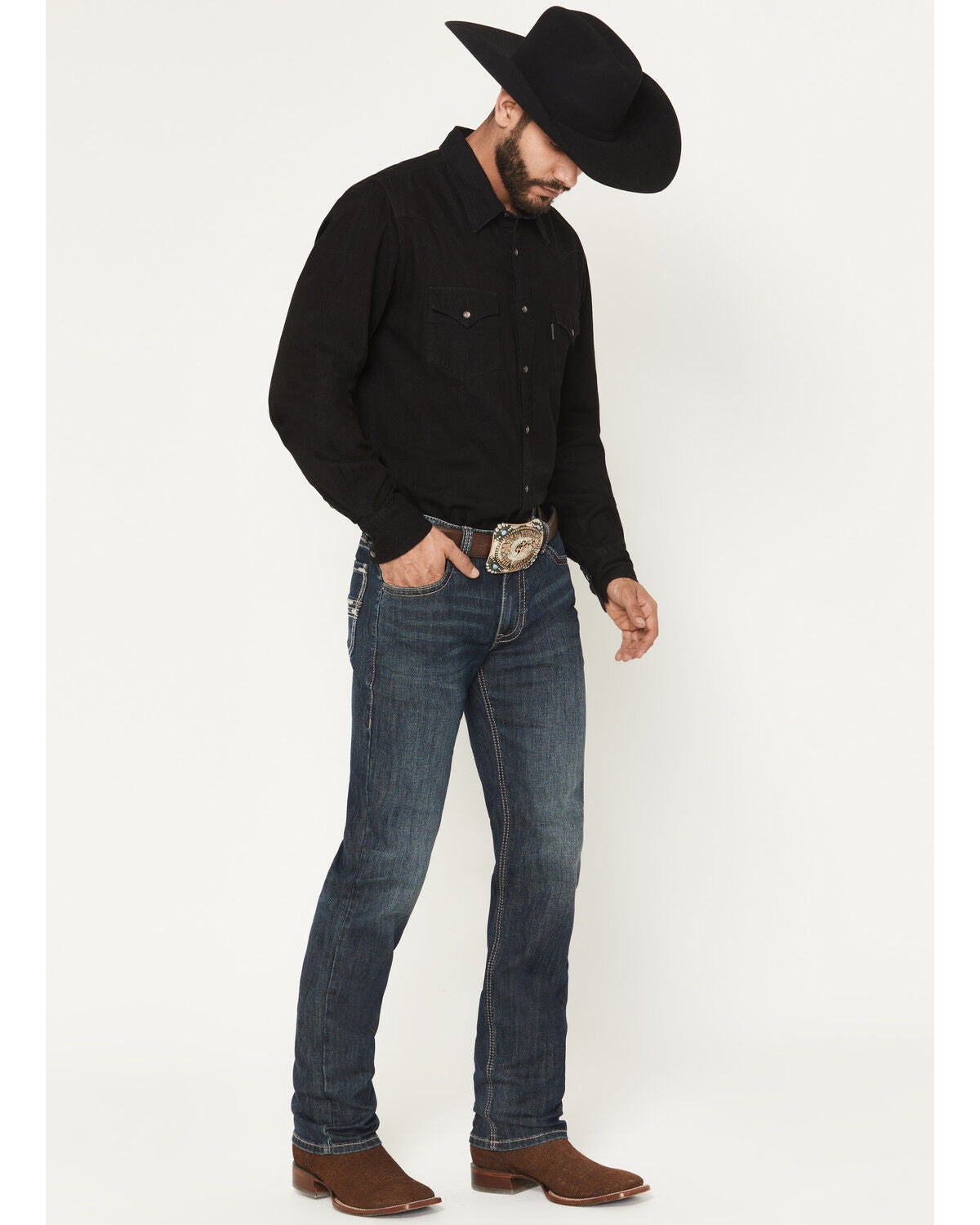 Image #1 - Rock & Roll Denim Men's Revolver Dark Wash Slim Straight Pleather Embroidered Stretch Denim Jeans, Dark Wash, hi-res
