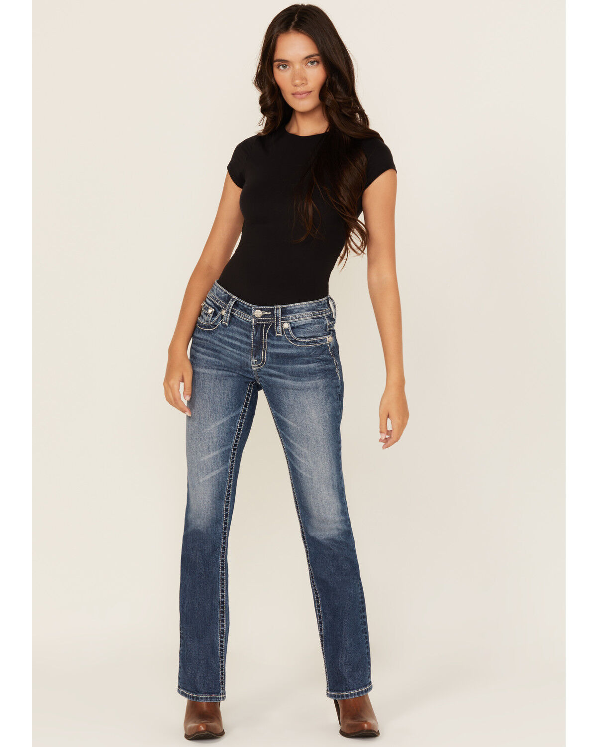 Image #3 - Miss Me Women's Medium Wash Mid Rise Geo Pocket Bootcut Stretch Denim Jeans, Medium Wash, hi-res