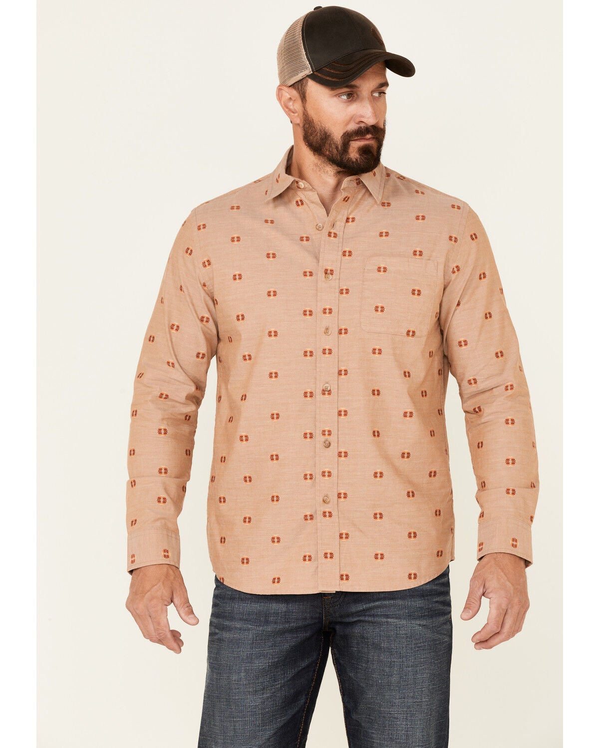 Image #1 - Pendleton Men's All-Over Dobby Chambray Long Sleeve Button-Down Western Shirt, Tan, hi-res