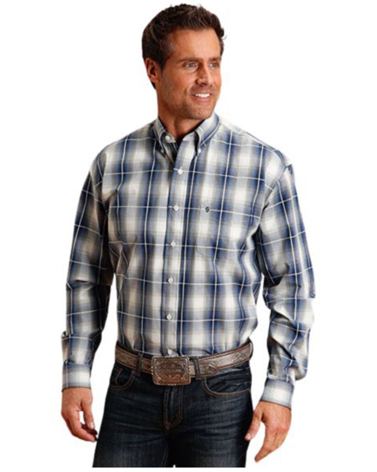 Stetson Men's Plaid Print Long Sleeve Button-Down Western Shirt, Dark Blue, hi-res