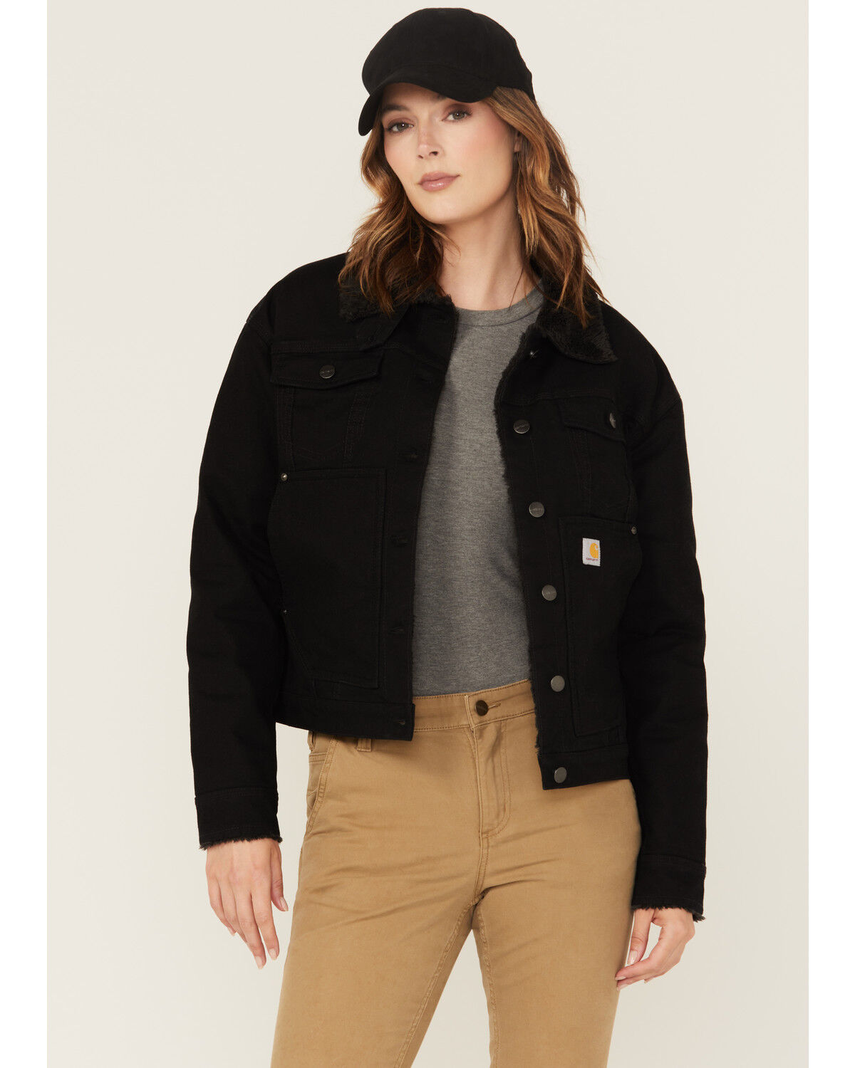 Image #1 - Carhartt Women's Rugged Flex® Loose Fit Canvas Sherpa Lined Work Jacket, Black, hi-res