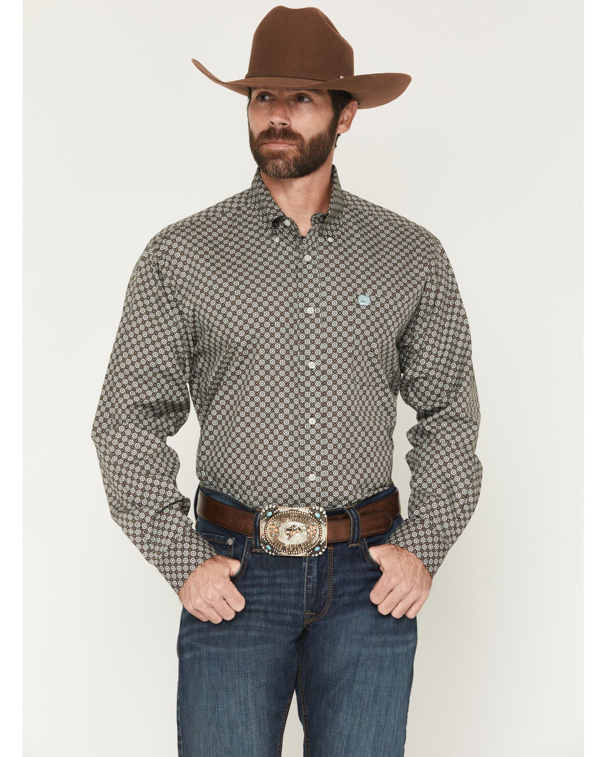 Image #1 - Cinch Men's Geo Print Long Sleeve Button-Down Western Shirt, Brown, hi-res