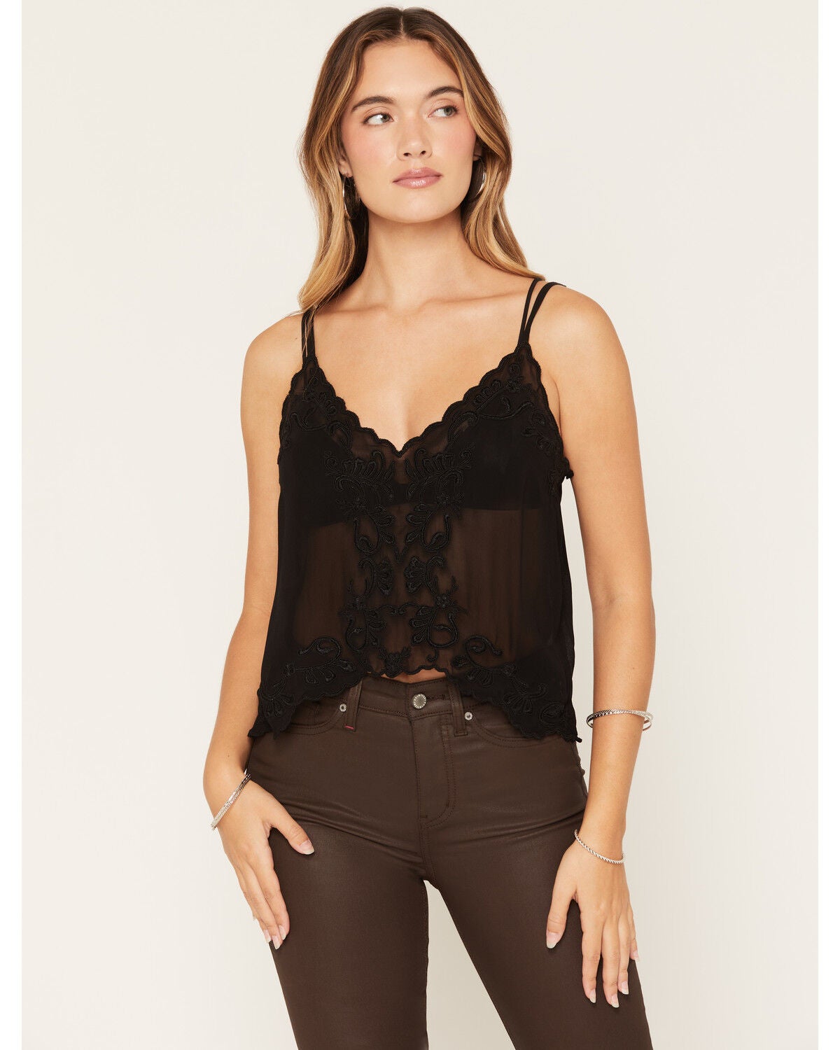 Image #1 - Idyllwind Women's Santa Rosa Embroidered Georgette Tank, Black, hi-res