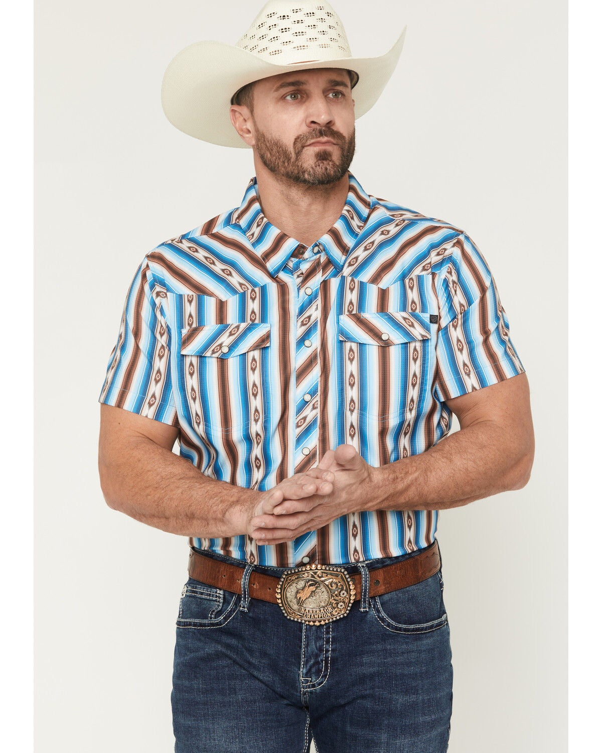 Rock & Roll Denim Men's Tek Southwestern Striped Short Sleeve Snap Western Shirt, Turquoise, hi-res