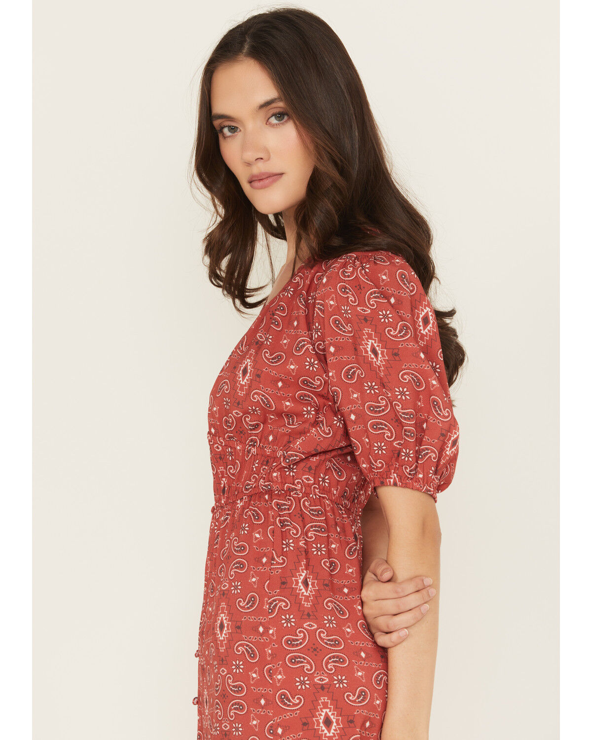 Image #2 - Panhandle Women's Paisley Print Puff Sleeve Midi Dress, Red, hi-res