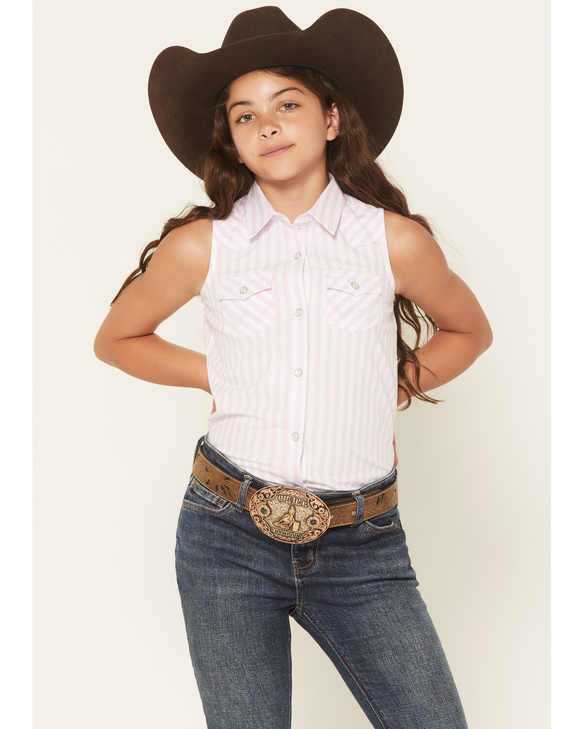 Image #1 - Wrangler Girls' Striped Sleeveless Pearl Snap Western Shirt, Pink, hi-res