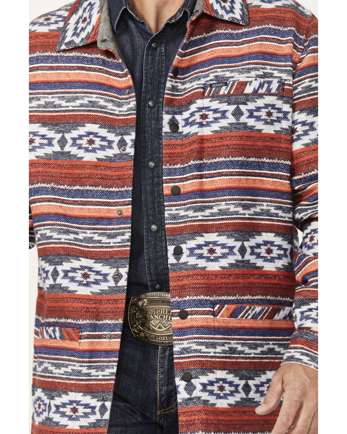 Image #3 - Rock & Roll Denim Men's Southwestern Striped Shirt Jacket, Red, hi-res