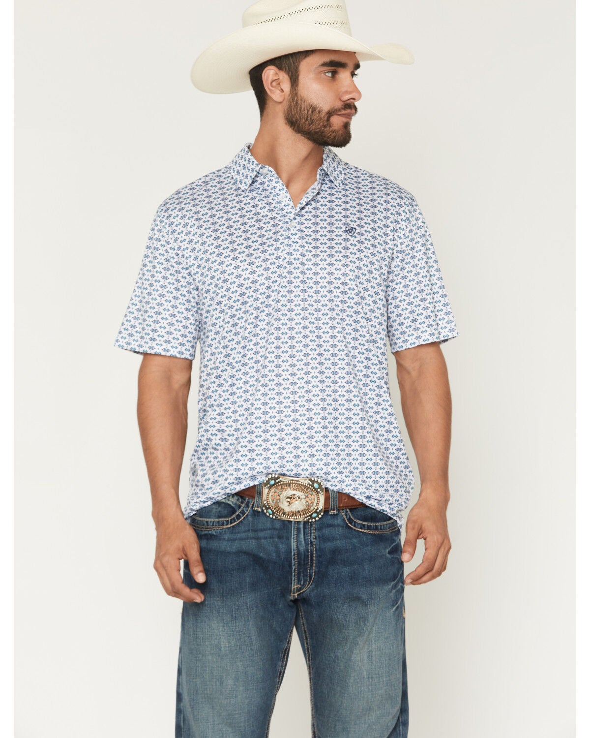 Image #1 - Ariat Men's Southwestern Print Short Sleeve Button-Down Polo, White, hi-res