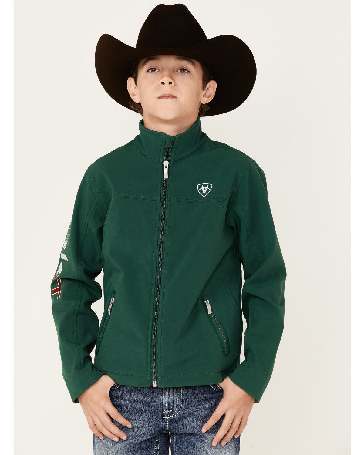 Ariat Boys' Team Mexico Patch Flag Zip-Front Softshell Jacket, Green, hi-res