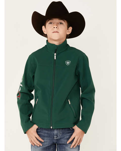 Ariat Boys' Team Mexico Patch Flag Zip-Front Softshell Jacket , Green, hi-res